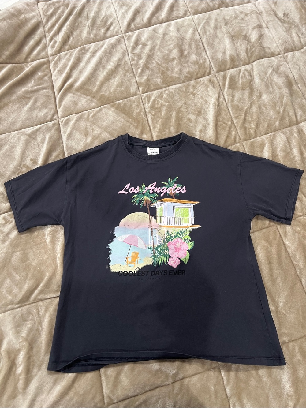 Zara Black Kids Tee with Pastel Los Angeles Beach Graphic